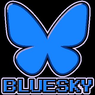 A 3D rendered PixelBrox-stylized button in the design of Bluesky's butterfly logo, with the name "Bluesky" in NES font and colored sky blue underneath it.
