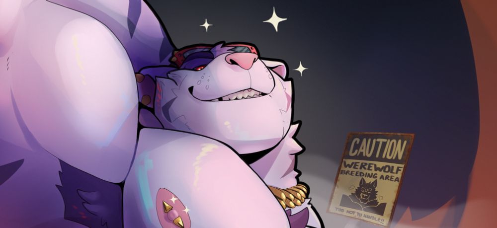 Close-up of Tax's mug. A torn sign behind him warns of a werewolf breeding area. He's not worried about it, it seems.