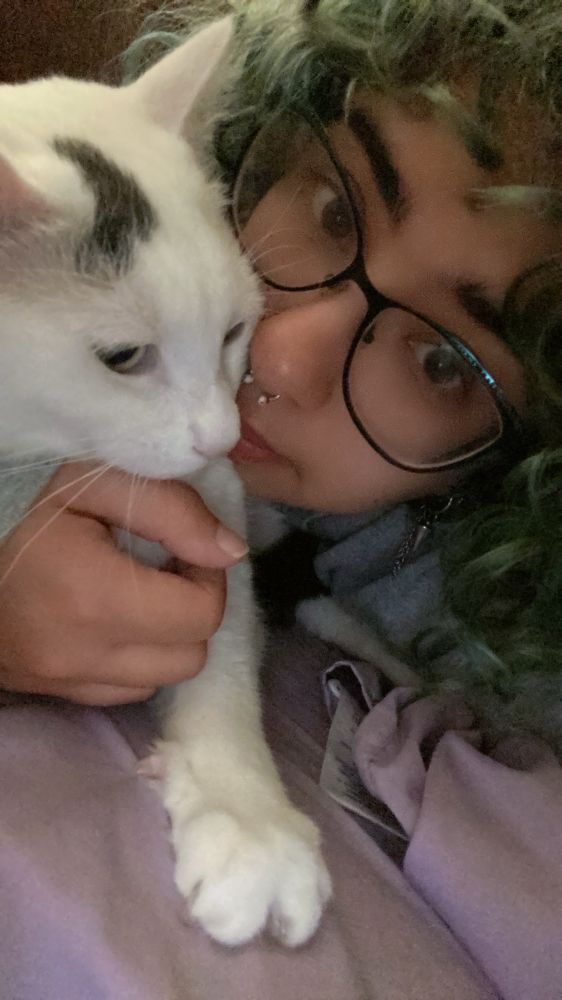 a human-thing with light brown skin, glasses, a curved barbell septum piercing with opalite ends, and curly faded green hair. it’s taking a selfie with an arm around a white cat, which has a grey spot on top of its head and an expression of indignation.