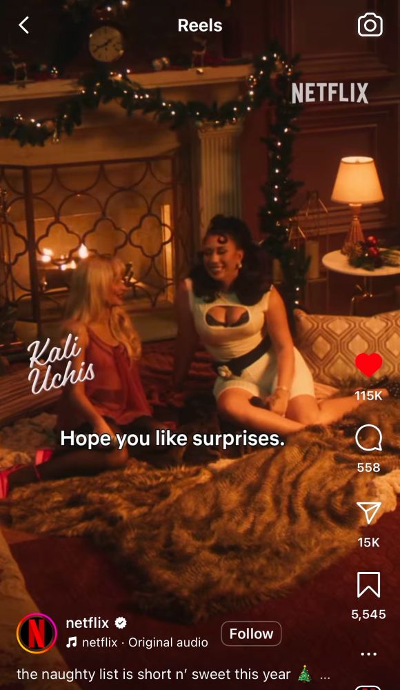 screenshot of a netflix instagram reel promoting the special “a nonsense christmas with sabrina carpenter.” picture shows kali uchis as a guest singer.