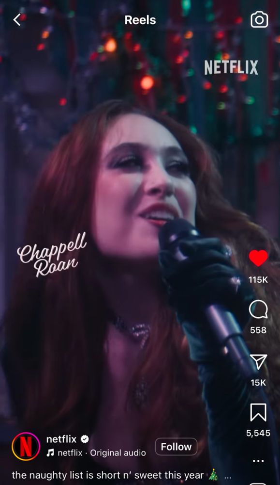 screenshot of a netflix instagram reel promoting the special “a nonsense christmas with sabrina carpenter.” picture shows chappell roan as a guest singer.