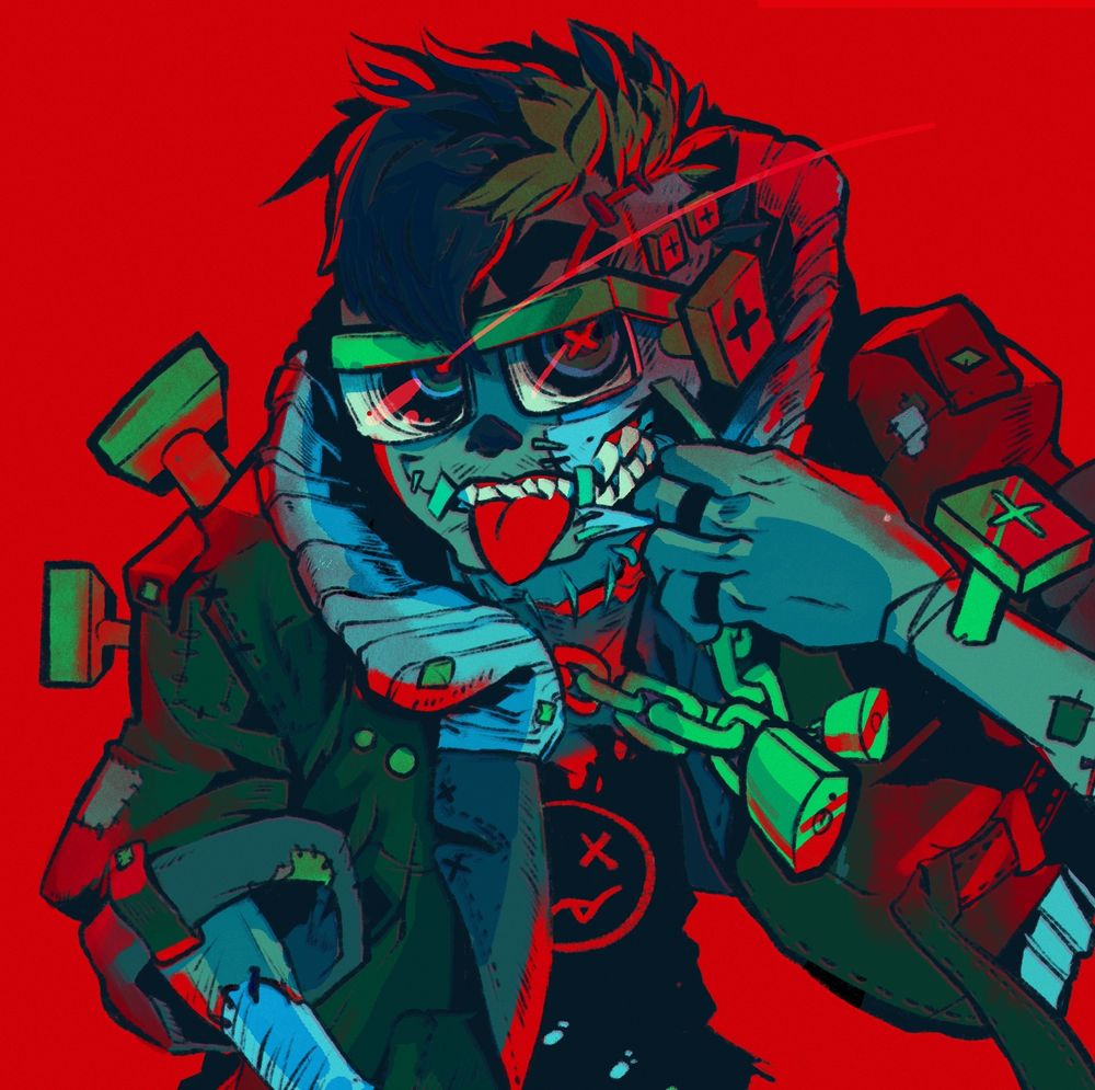a blue and green zombie boy wearing glasses, set on a red background