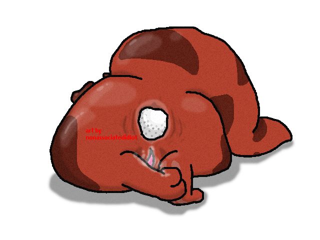 Ambulant (nonAssociatedIdiot's slugcat sona) with his ass and pussy facing the screen, on a white background. This time, though, his pussy is wet, and there is a golf ball up his ass, with stretch marks to match.