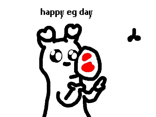 Ambulant (nonAssociatedIdiot's slugcat sona) holding an Inv egg, with the text "happy eg day" over. There's also a crudely drawn penis to the side, to keep it off of my SFW feed.