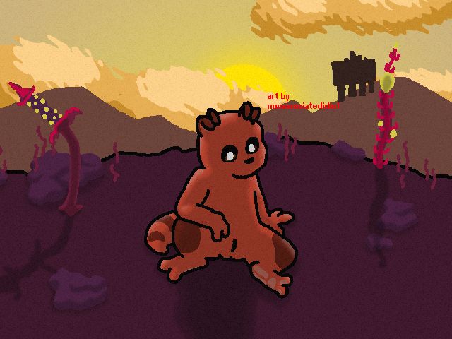 Ambulant (nonAssociatedIdiot's slugcat sona) sits in an unidentified room in Outer Expanse, with a cloudy sunset and a superstructure in the distance behind. There are a few assorted rocks and inedible popcorn plants nearby.