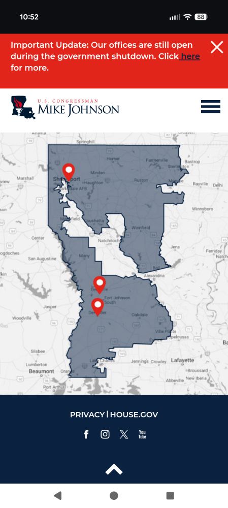 A map of Mike Johnson's district. It's basically a rectangle except the way a large swath from the east side to the northwest corner is not part of his district so it kind of looks like mirrored question mark (this is a stretch but it's the closest shape I could come up with).