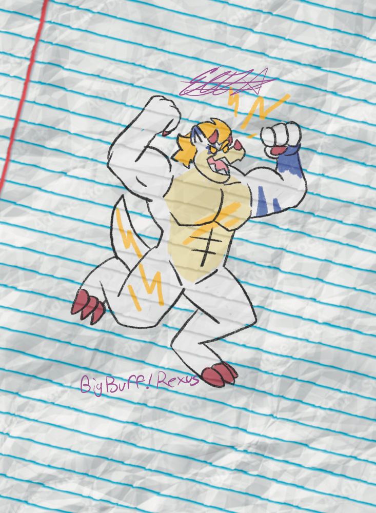 Child-like doodle of Rexus as a super buff version of himself
