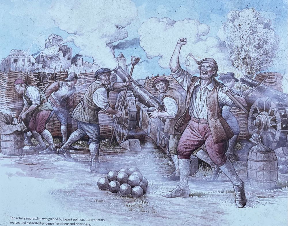 Illustration depicting a siege scene, with figures in period clothing operating cannons to fire on a distant castle, smoke billowing above the damaged castle. Men are shown loading, aiming, and cheering at the cannons, with a pile of cannonballs in the foreground and a defensive wooden structure in the middle ground.