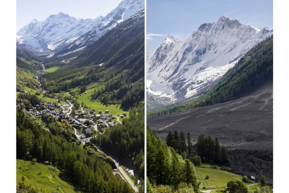 Before and after photo of the Swiss glacier collapse in Blatten