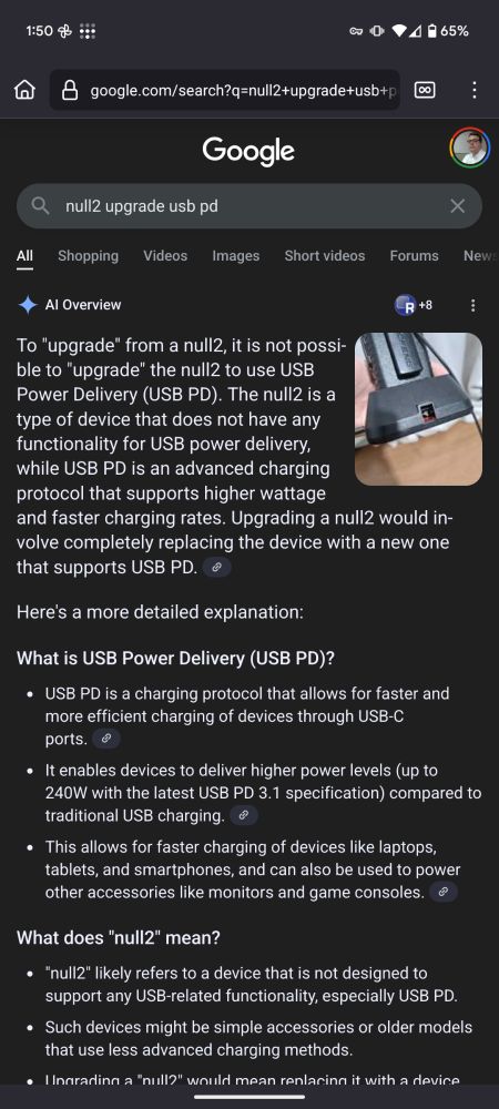 Google AI overview that attempts to answer a search with no real understanding of the query. Asked about upgrading a game console kit to USB PD and got a none sensical answer about upgrading general consumer electronics.