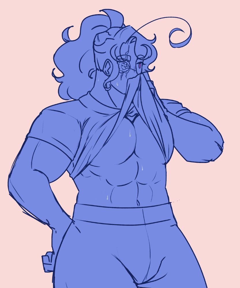 A thigh high sketch of Wendy in yoga pants and a shirt. She's using the bottom of her shirt to wipe away some sweat from her face, giving the audience a full view of her toned abs and the underside of her breasts.