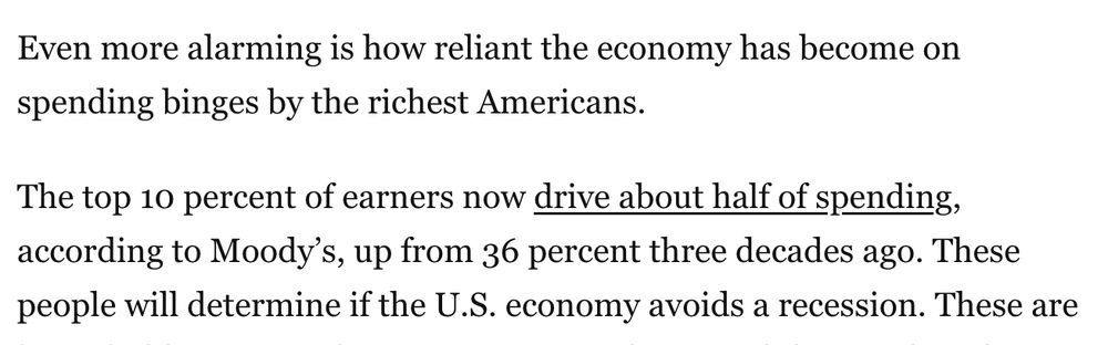 Even more alarming is how reliant the economy has become on spending binges by the richest Americans.

The top 10 percent of earners now drive about half of spending, according to Moody’s, up from 36 percent three decades ago. These people will determine if the U.S. economy avoids a recession. 