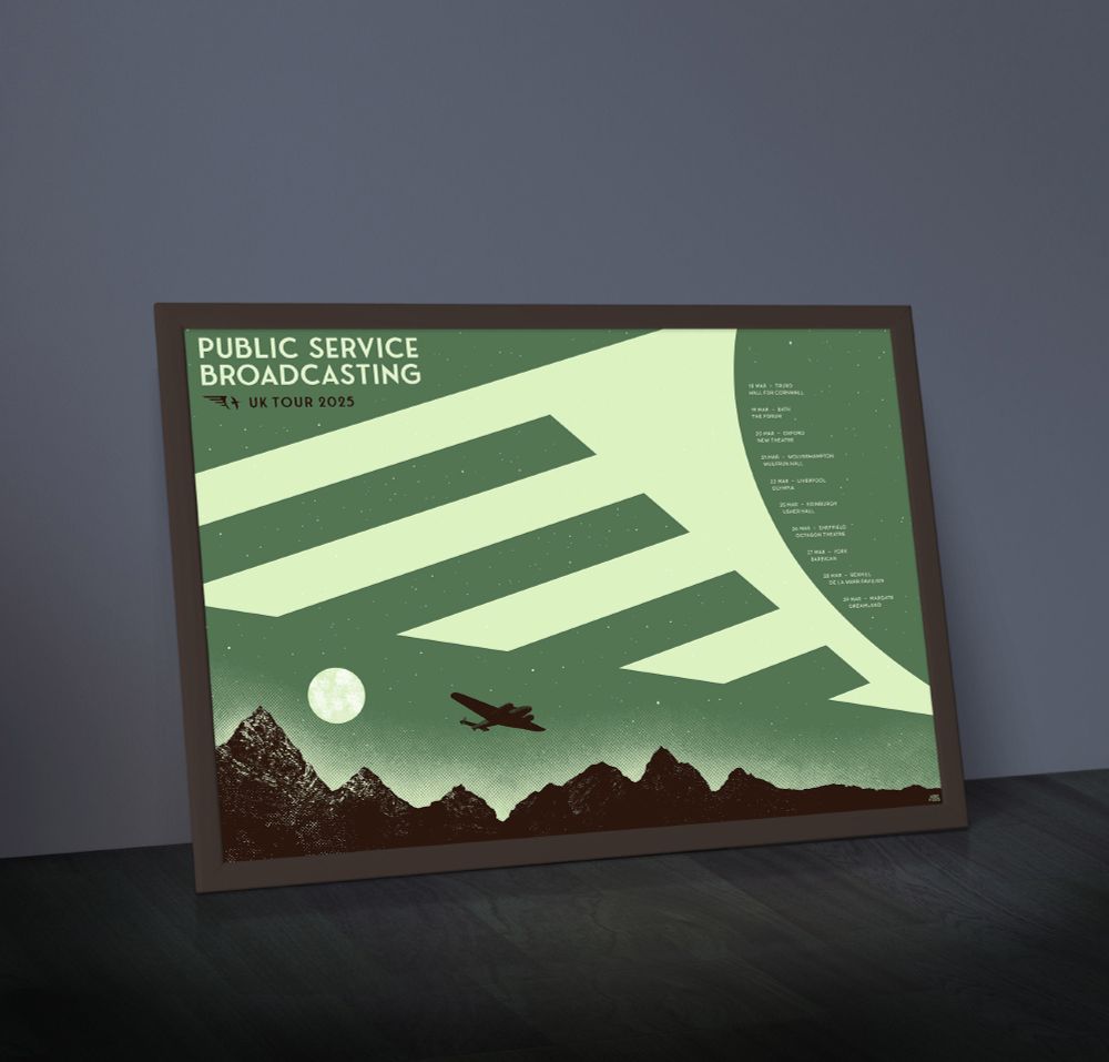 Screen printed tour poster for the band Public Service Broadcasting, showing a plane flying over mountains by moonlight.
