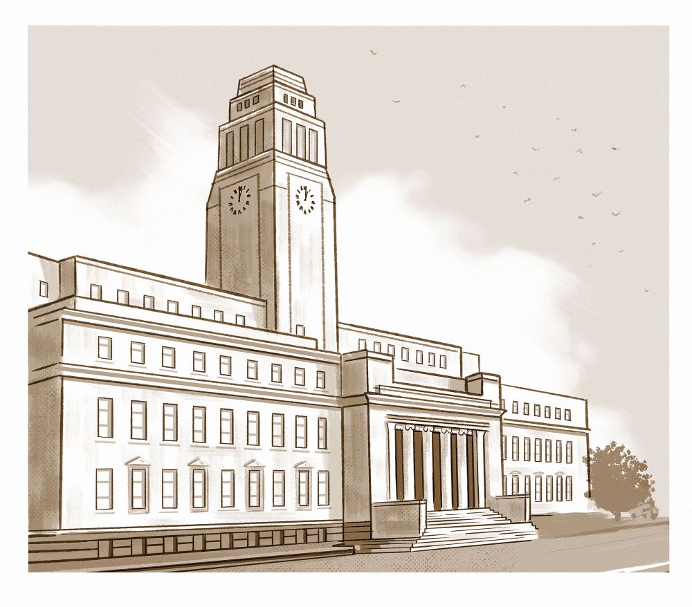 Digital drawing of Leeds University Parkinson Building by graphic artist Graham Pilling / Army of Cats