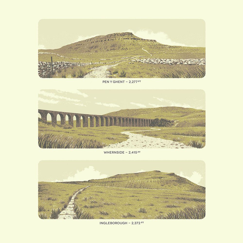 Illustration of The Yorkshire Three Peaks, Pen Y Ghent, Whernside, and Ingleborough. Hand drawn and with vintage-feeling muted reds and greens. By artist, print-maker and fell runner Graham Pilling of Army of Cats Creative Studio.