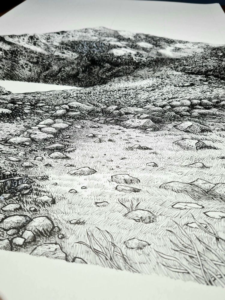 Pen & ink drawing of Yr Wyddfa (Mount Snowdon) by artist Graham Pilling 