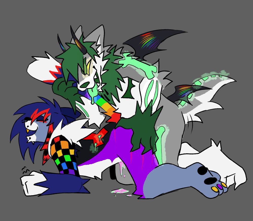 A digital drawing of a green wolf character fucking a scene cat character doggy style. The green wolf has rainbow irridescent horns and wings, and boke patterns that glow green. The cat has many rainbow patterns with blue hair, a purple body, and gray legs. They are smiling with their eyes shut in pleasure while the wolf drools on their back and holds their tail.