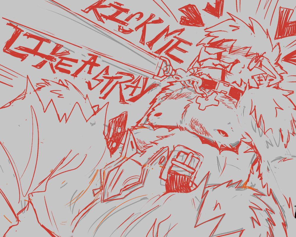 A digital sketch, drawn in red, of a humanoid werewolf character. He is leaning back on his hands with his legs spread. He has a collar around his neck and is being tugged on by a leash. He has wolf ears and a large toothy grin. His hair is covering his eyes and his nose is bleeding and dripping down his face. He is shirtless and wearing ripped jeans with the fly and belt both undone. He has top surgery scars and is very furry. Along the length of the leash reads "KICK ME, LIKE A STRAY". There are hearts and action lines around the character's head.