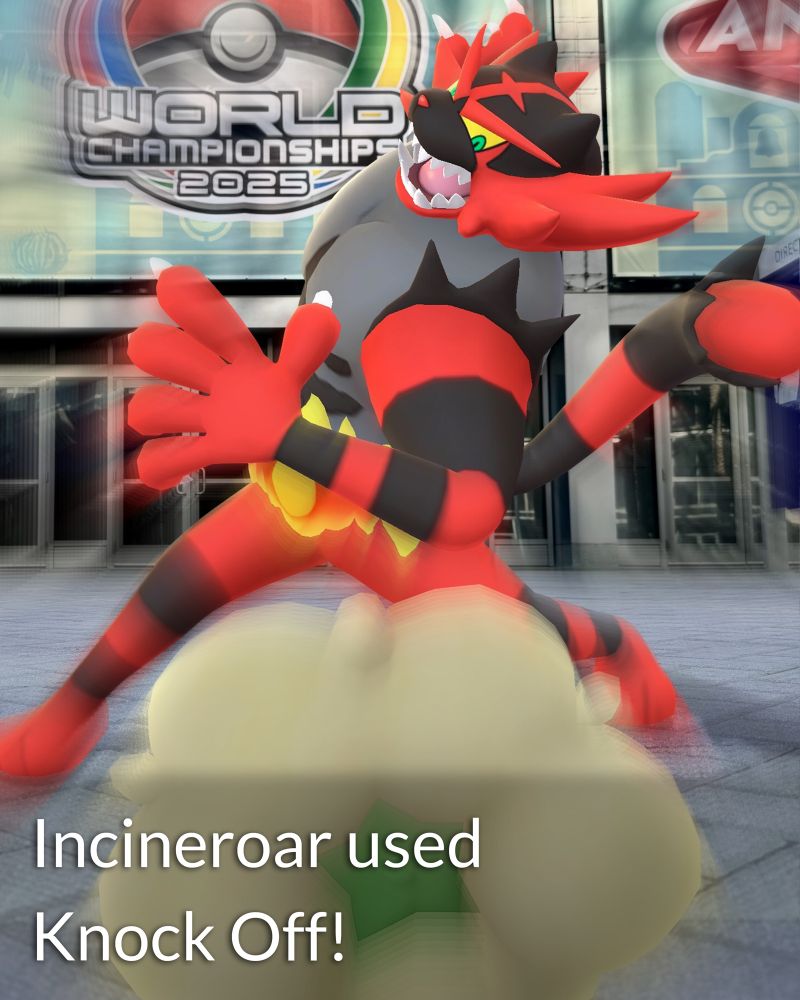 Incineroar, a well-known support Pokémon in VGC, uses Knock Off onto the opposing Whimsicott to remove its item. (Pokémon GO #GOSnapshot)