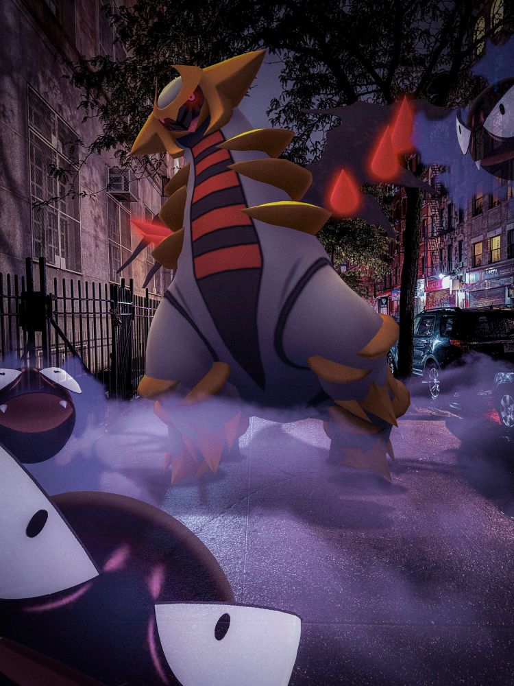 Giratina roars in the misty New York City night. A hoard of Gastly spawn foward to rush the viewer. Pokémon GO.