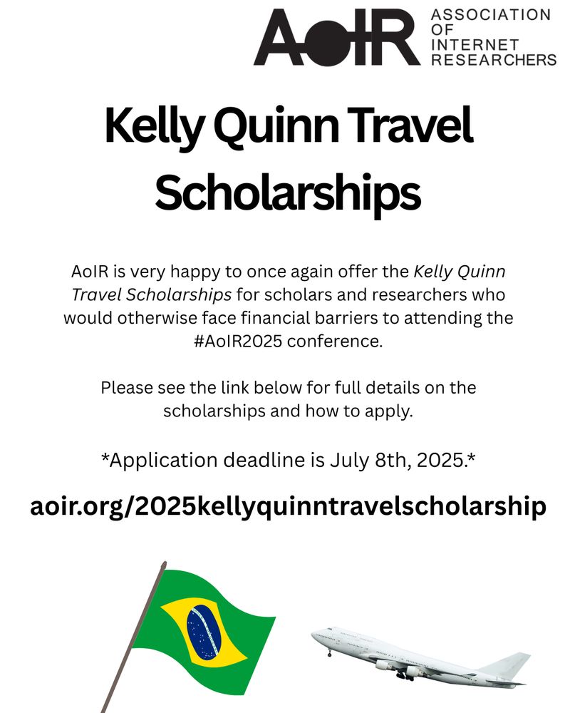 Kelly Quinn Travel Scholarships


AoIR is very happy to once again offer the Kelly Quinn Travel Scholarships for scholars and researchers who would otherwise face financial barriers to attending the #AoIR2025 conference.

Please see the link below for full details on the scholarships and how to apply.

*Application deadline is July 8th, 2025.*

aoir.org/2025kellyquinntravelscholarship