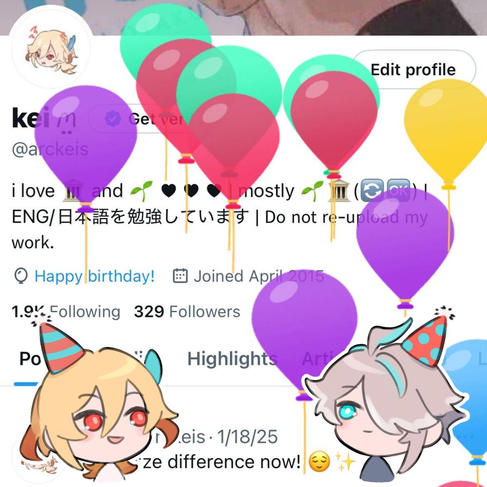 Balloons all over this user’s Twitter profile to celebrate a happy birthday! There’s also a little Alhaitham and Kaveh with party hats watching them all fly away～