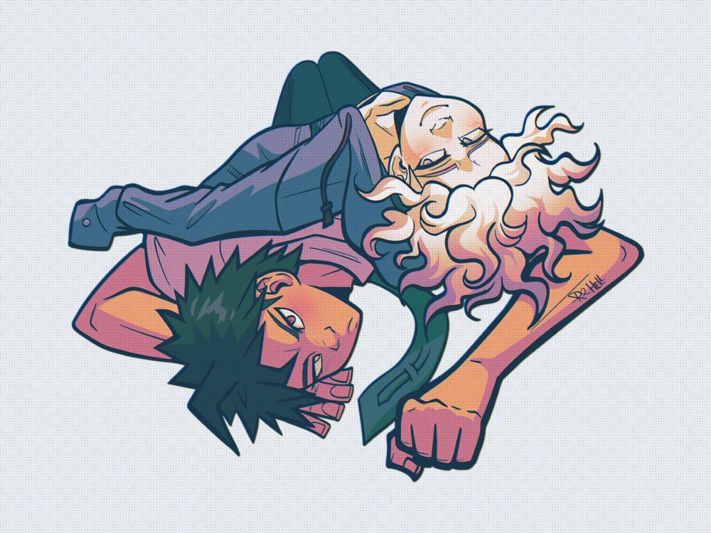 nagito komaeda laying on top of hajime hinata, who is looking at the viewer.