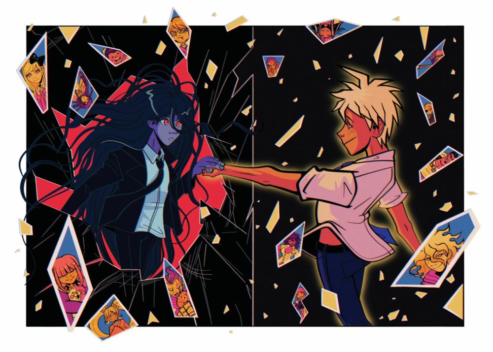 awakened hajime reaching for izuru, who's taking his hand through a shattered mirror. the shatters reflect the other students.