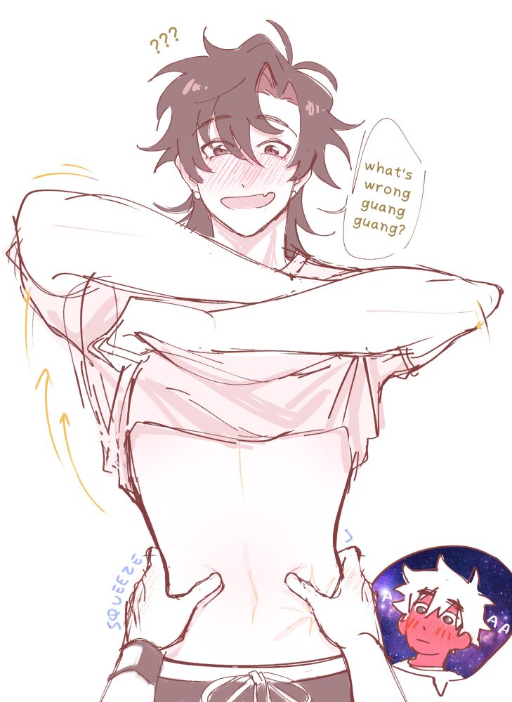 sketch of a smiling cheng xiaoshi in the process of taking off his tshirt as lu guang holds his waist with both hands, they are both blushing. Text reads: ? What's wrong guangguang?