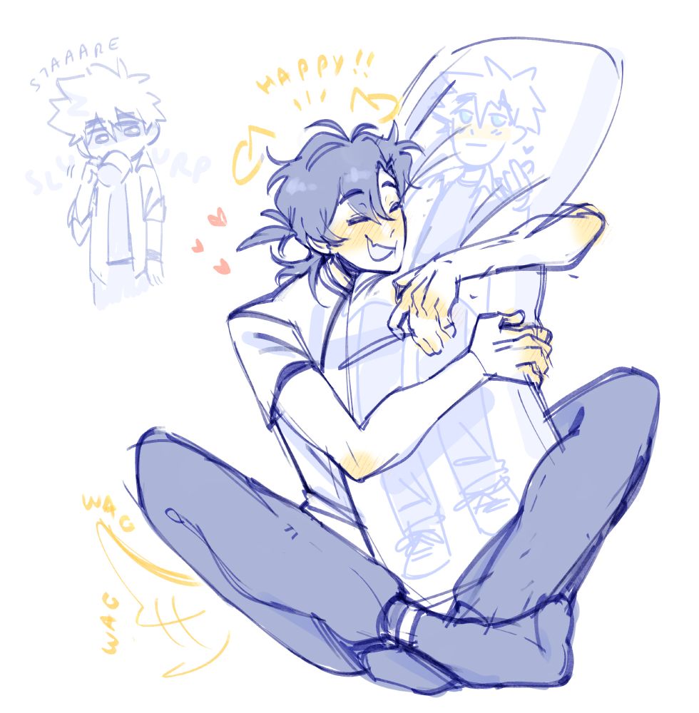 cheng xiaoshi happily hugging a lu guang body pillow as lu guang coldly stares from a distance while he drinks coffee