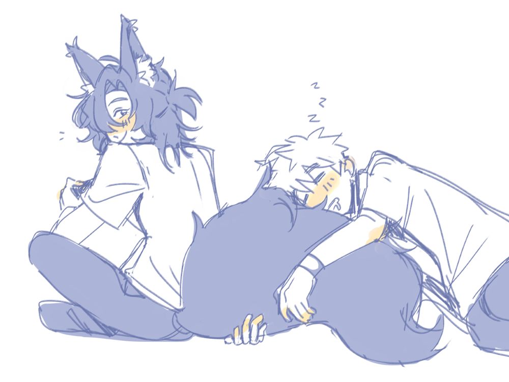 sketch of foxian cheng xiaoshi sitting down playing on his phone as lu guang sleeps while hugging cheng xioashi's fluffy tail