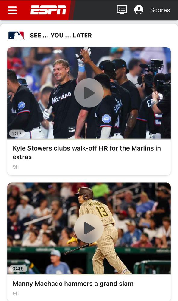 ESPN homepage showing highlights of former Orioles Kyle Stowers and Manny Machado. 