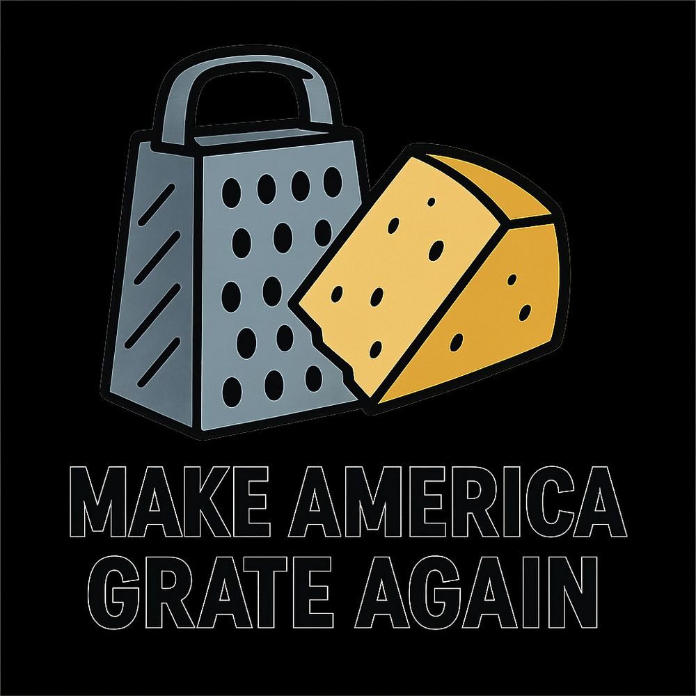 ChatGPT prompt to generate image:
Okay.
What about:
I need a perfect image for a tshirt.
Transparent background
Cartoon style
Stylised cheese grater
Stylised shape of a wedge of cheese which is just an edge-drawn outline

Underneath this is the bold letters
MAKE AMERICA
GRATE AGAIN