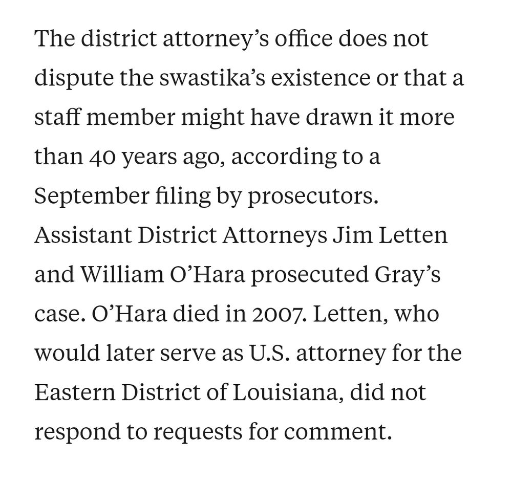From ProPublica article: a Nazi symbol was drawn by someone in the DA's office onto the case file of a Black man, and the DA's office doesn't deny it.