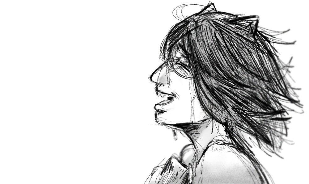 Black and white side profile bust illustration of Devlin, smiling and crying with his eyes closed as the wind blows his hair back
