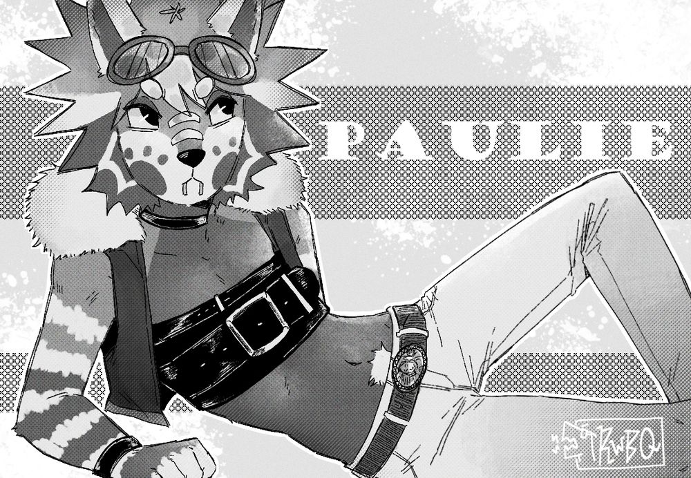 Greyscale manga illustration: Red panda furry leaning on their elbows wearing a belt as a top and a sleeveless cropped top that has fur on the collar with white pants. They have liberty spikes and glasses on their head as they look off into the distance.
