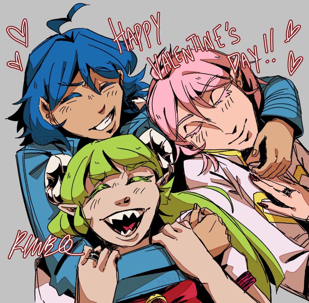 Iruma hugging Clara and Asmodeus with joy. White text outlined with red reads on the upper right corner, "Happy Valentine's Day!!" With drawn hearts around the characters.