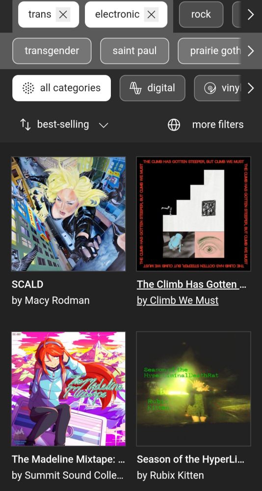 Bandcamp chart of best selling trans electronic music. 