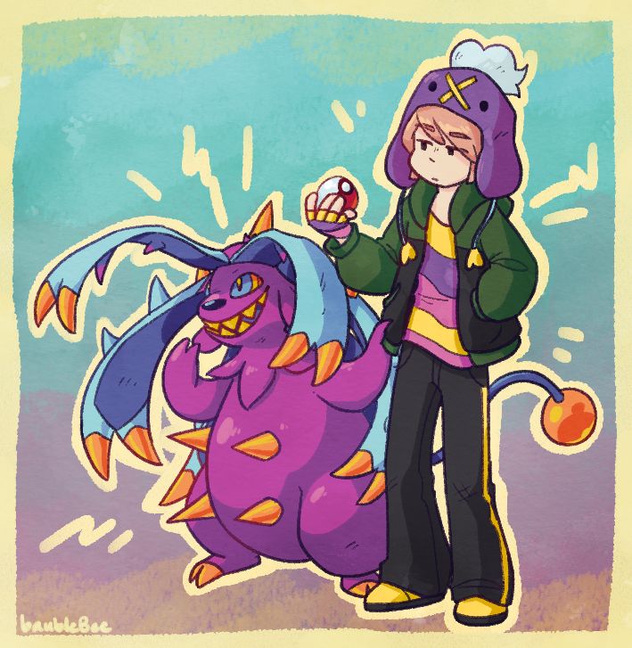 A picture of a pokemon trainer and their pokemon looking to the left on a messy gradient background. The pokemon is a fusion of Miltank and Toxapex, with spiked tentacles for hair, a purple body, and large sharp-toothed grin. The trainer stands lazily next to it, holding a pokeball in one hand and the other hand in their jacket pocket. They have clothes in yellow, pink, purple, and black, and a knitted hat that resembles a drifloon.