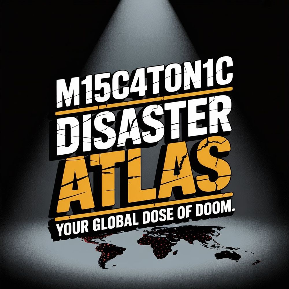 Bild / Textgrafik. Text "M15c4t0n1c Disaster Atlas. Your global dose of doom." Grau und orange vor schwarzem Hintergrund. 