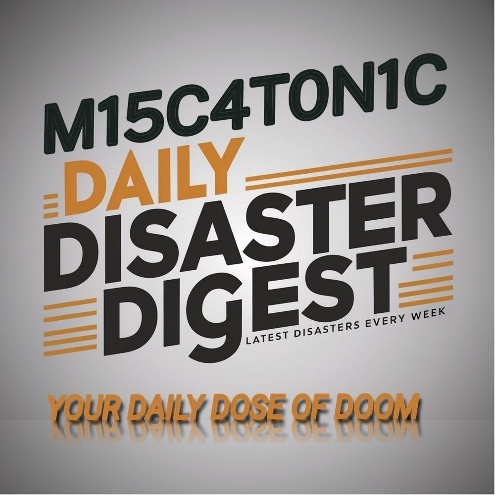 Bild / Textgrafik. Text "M15c4t0n1c Daily Disaster Digest. Your daily dose of doom." Schwarz und orange vor grauem Hintergrund. 