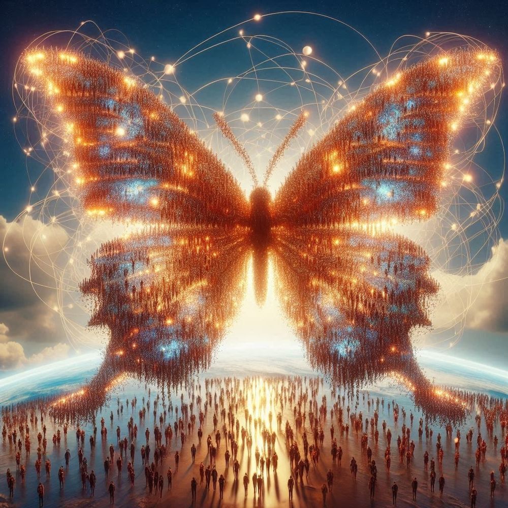 Ein Bild von einem riesigen Quantenschmetterling, der aus tausenden menschlichen Körpern besteht und das Weltklima verändert.