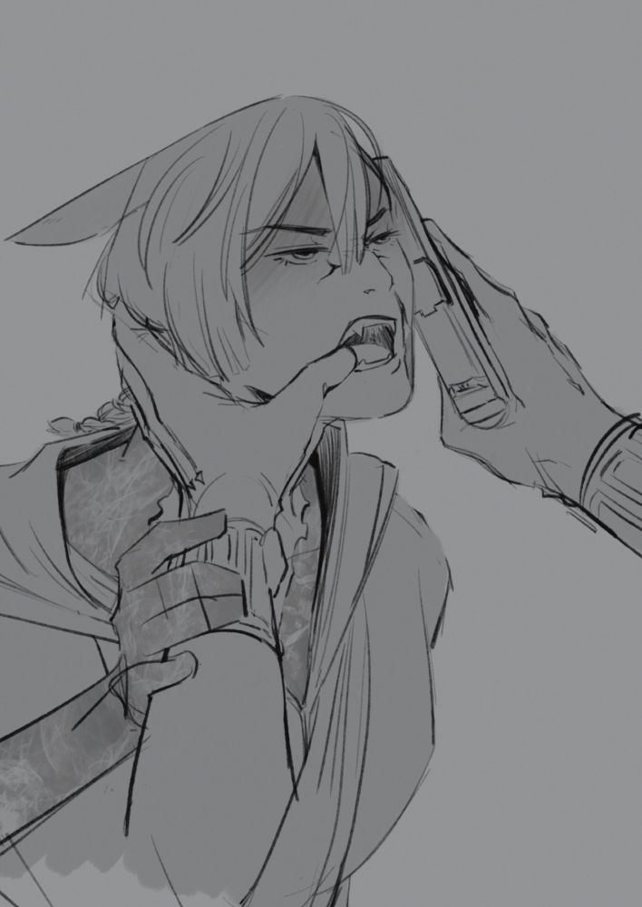 G'raha grimacing as Emet caresses his face with a gun, other hand forcing his mouth open