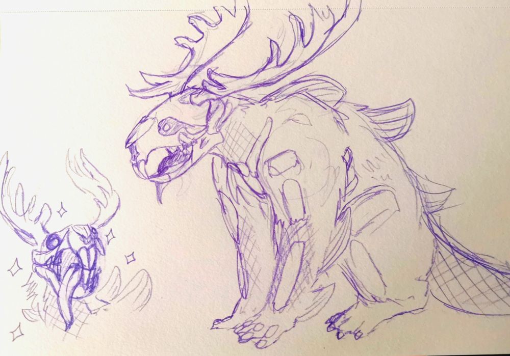A sketch of a monster that has a Beaver skull, moose antlers, a large furry body that is sitting down and various skeleton bones sticking out of it. 