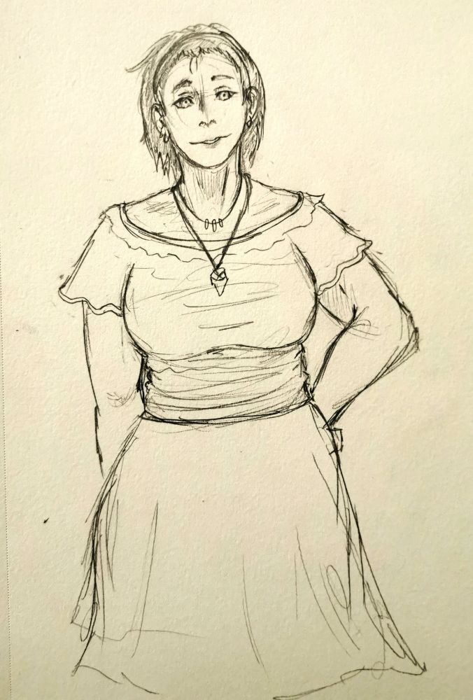 A woman in a dress with short dark hair and a necklace