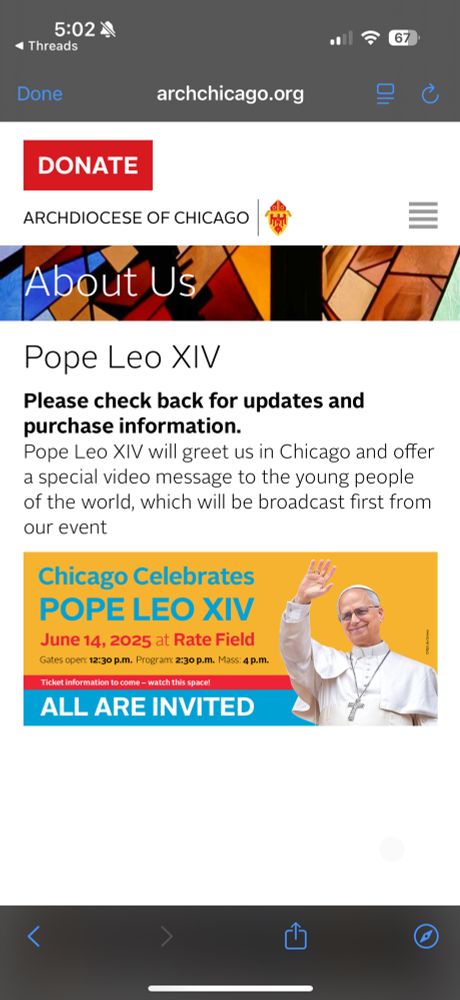Screenshot of an invitation from Pope Leo for a special broadcast and mass on June 14 at Rate Field in Chicago. The invitation states that doors open at 12:30, program begins at 2:30, mass is at 4 PM. Pope Leo is in the bottom right corner of the picture, in white, and waving at the camera.