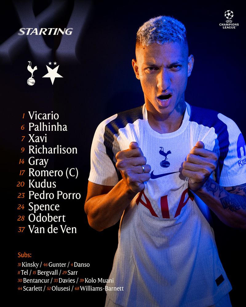 Tottenham starting XI vs. Slavia Prague: Vicario, Palhinha, Xavi, Richarlison, Gray, Romero (c), Kudus, Pedro Porro, Spence, Odobert, Van de Ven. Bench: Kinsky, Gunter, Danso, Tel, Bergvall, Sarr, Bentancur, Davies, Kolo Muani, Scarlett, Olusesi, Williams-Barnett