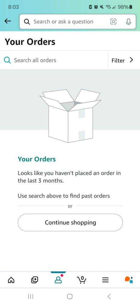 Amazon Orders page with an illustration of an empty box above a message showing no orders placed in the last 3 months