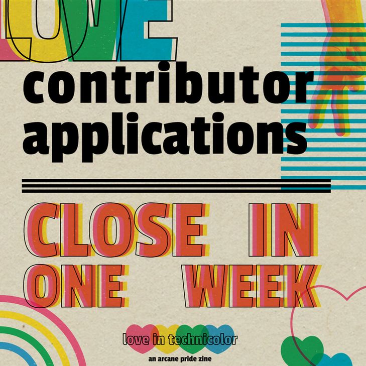 Colorful graphic with the announcement "Contributor Applications close in one week!" written in black and orange against a paper textured background decorated with rainbow shapes.