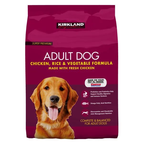 Bag of Kirkland Super Premium Adult Dog Chicken, Rice & Vegetable Formula from Costco with a photo of a cute Golden Retriever whose tongue is hanging out.
